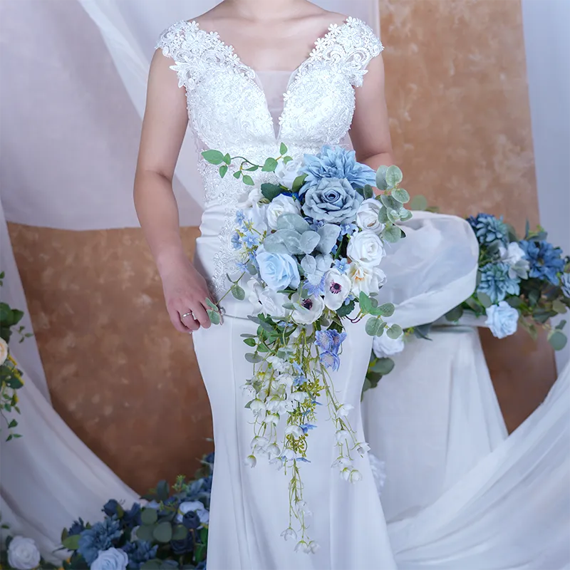 A8634 Blue White Series With Greenery Bridal Bouquet Wedding Floral