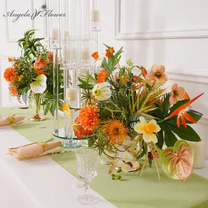 A8692 Orange Greenery Wedding Table Centerpiece Candlestick Decor Flower Arrangement Props
