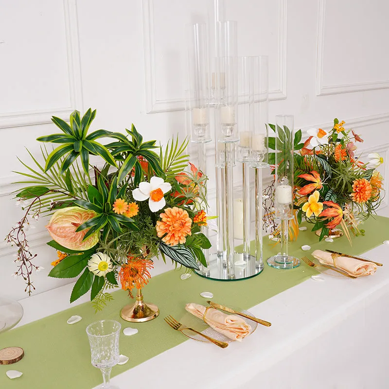 A8692 Orange Greenery Wedding Table Centerpiece Candlestick Decor Flower Arrangement Props
