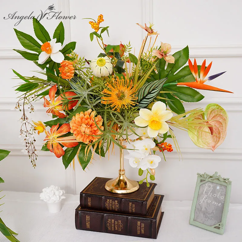 A8692 Orange Greenery Wedding Table Centerpiece Candlestick Decor Flower Arrangement Props