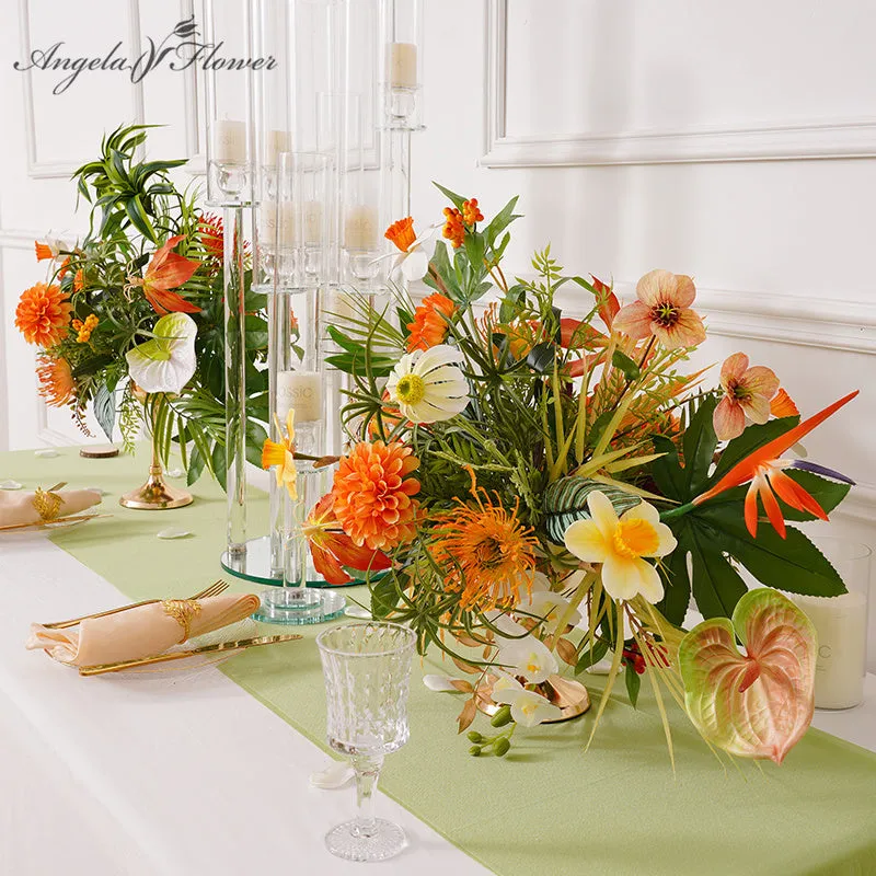 A8692 Orange Greenery Wedding Table Centerpiece Candlestick Decor Flower Arrangement Props