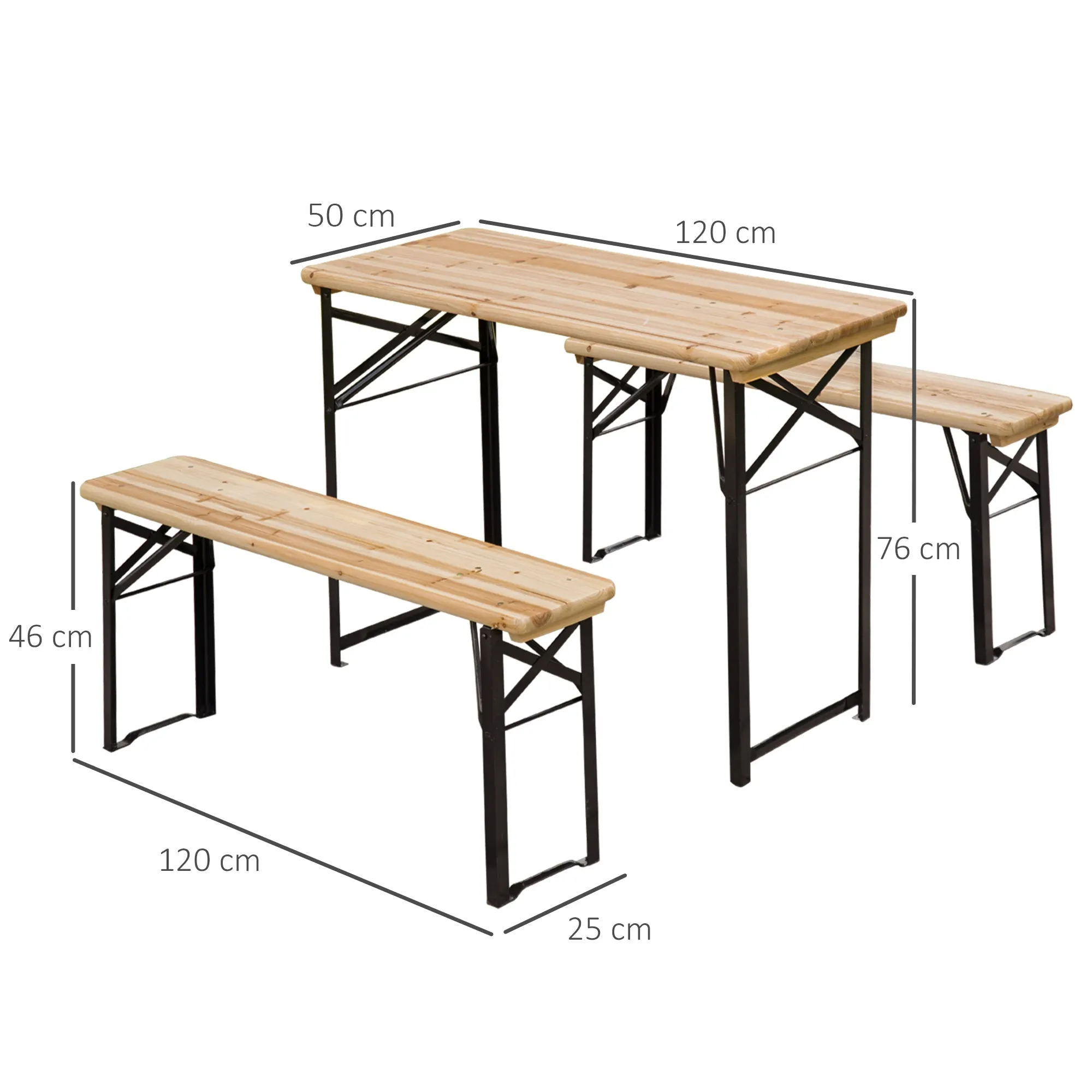 Portable Folding Camping Picnic Trestle Beer Table and Bench Set Garden BBQ Chairs Stools Wooden Wood 120cmL x 25cmW x 46cmH