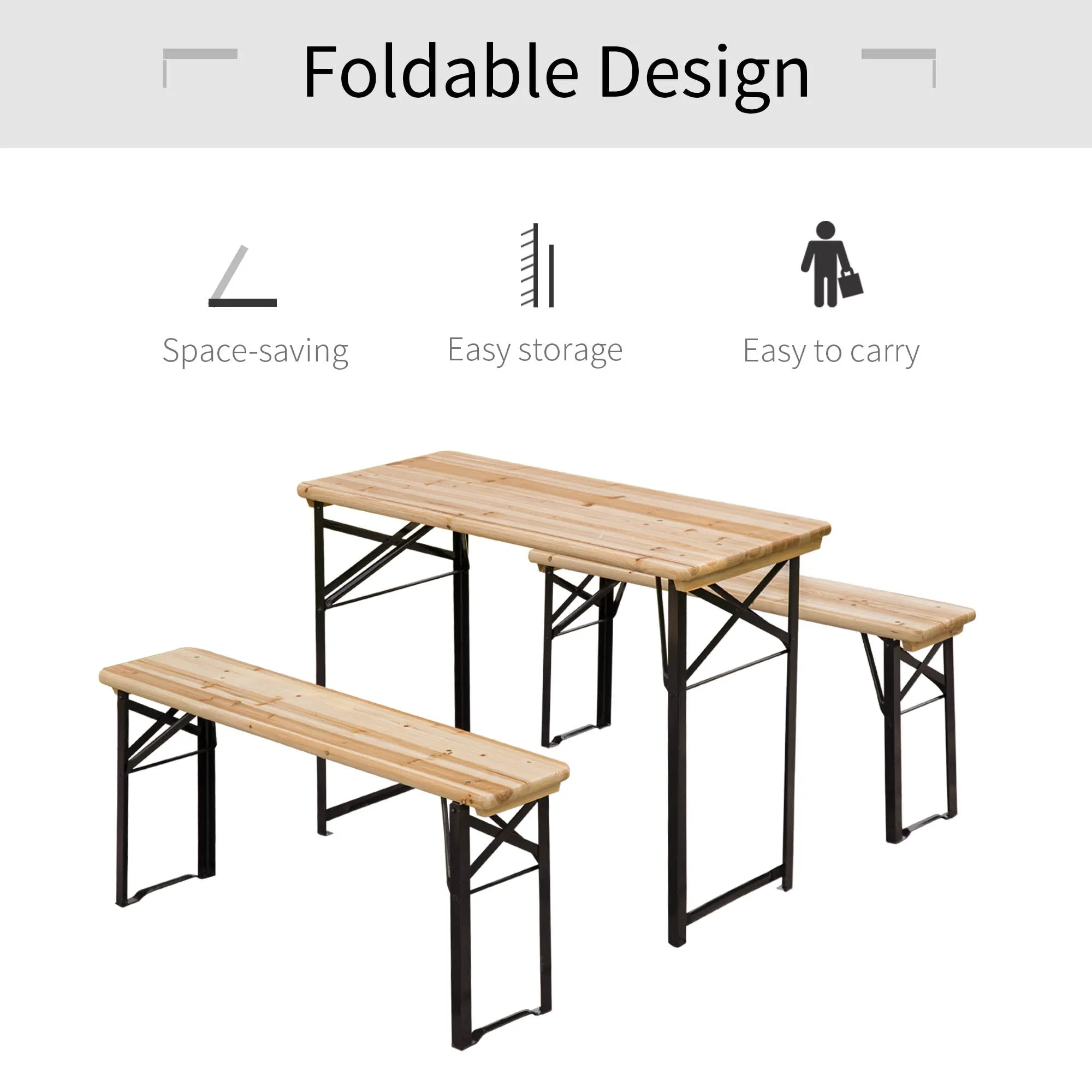 Portable Folding Camping Picnic Trestle Beer Table and Bench Set Garden BBQ Chairs Stools Wooden Wood 120cmL x 25cmW x 46cmH